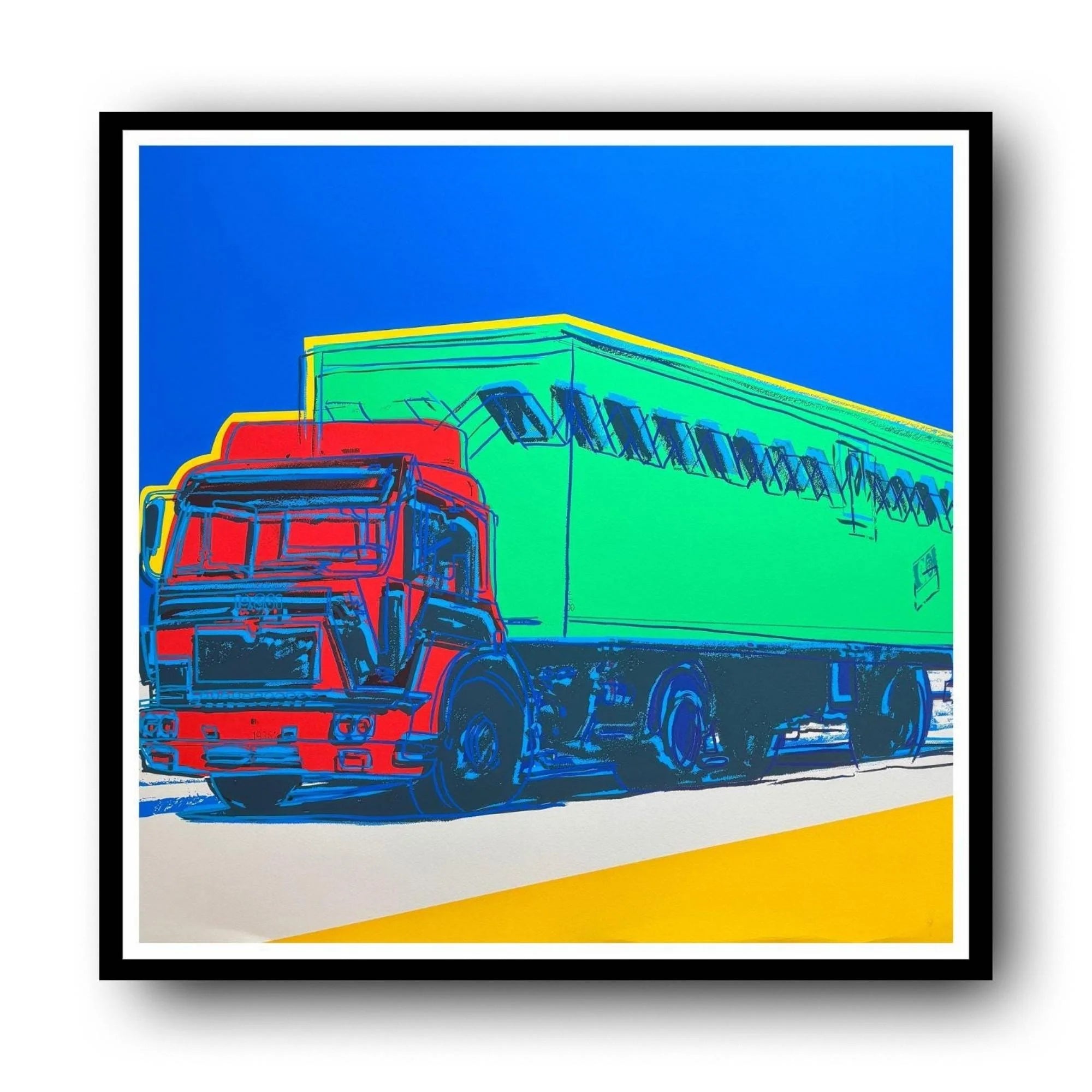 Colorful truck painting with a blue sky and yellow road